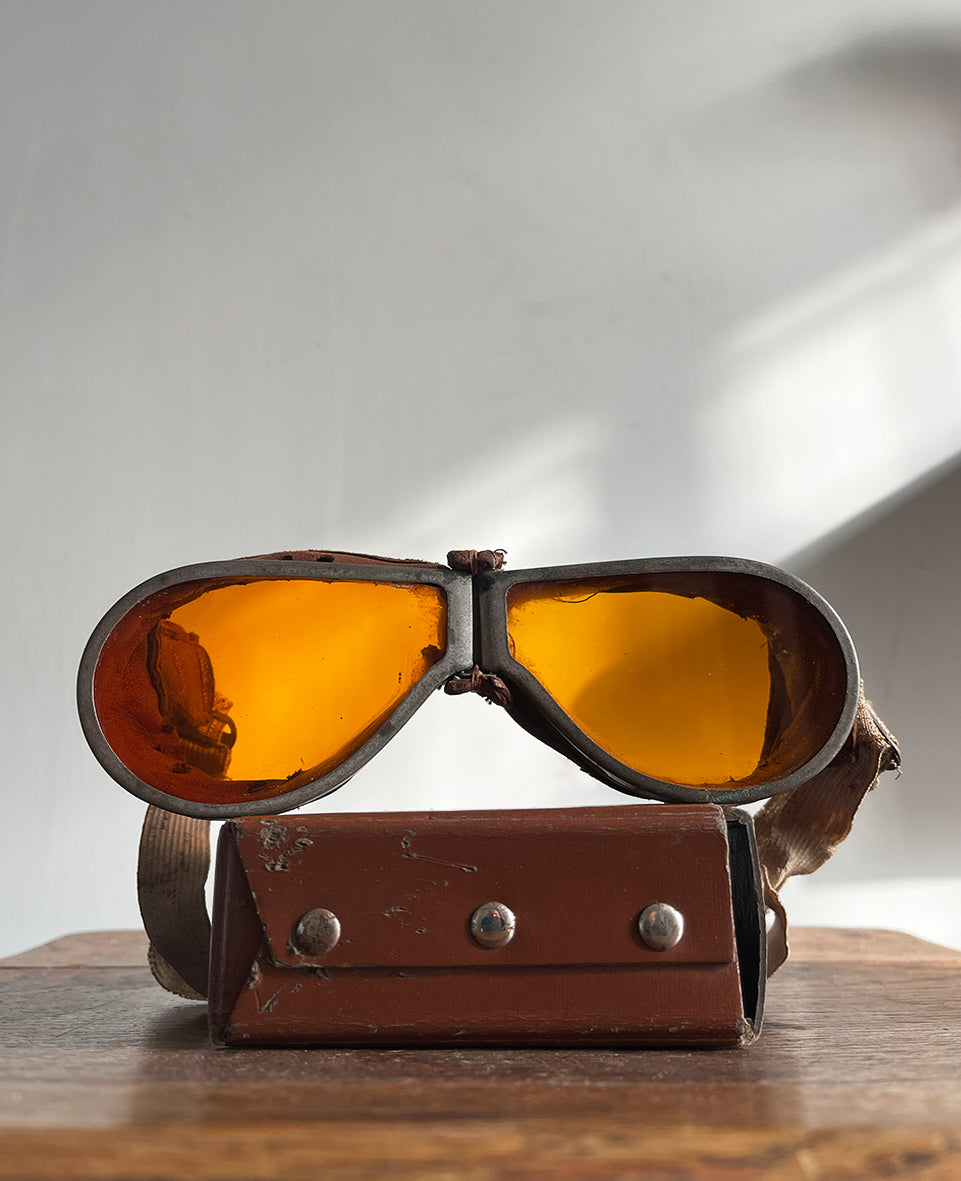 A fantastic pair of original British Army MT goggles with their original box. Amber glass lenses, leather trim and original elastic. These goggles were worn by drivers, tank crews, dispatch riders and more, throughout the Second World War - SHOP NOW - www.intovintage.co.uk