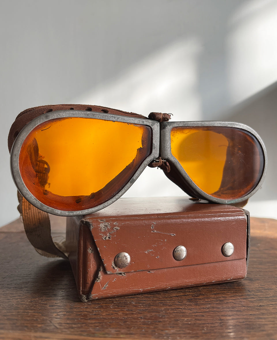 A fantastic pair of original British Army MT goggles with their original box. Amber glass lenses, leather trim and original elastic. These goggles were worn by drivers, tank crews, dispatch riders and more, throughout the Second World War - SHOP NOW - www.intovintage.co.uk