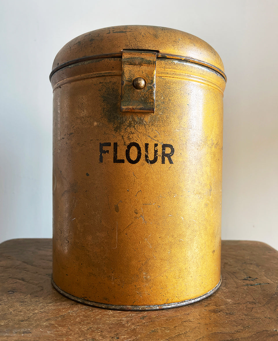 A Vintage Flour Tin in fantastic original gold paint. Hinged Lid to the top with fastening latch - SHOP NOW - www.intovintage.co.uk