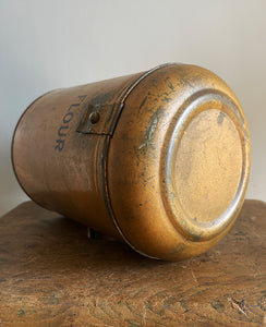 A Vintage Flour Tin in fantastic original gold paint. Hinged Lid to the top with fastening latch - SHOP NOW - www.intovintage.co.uk