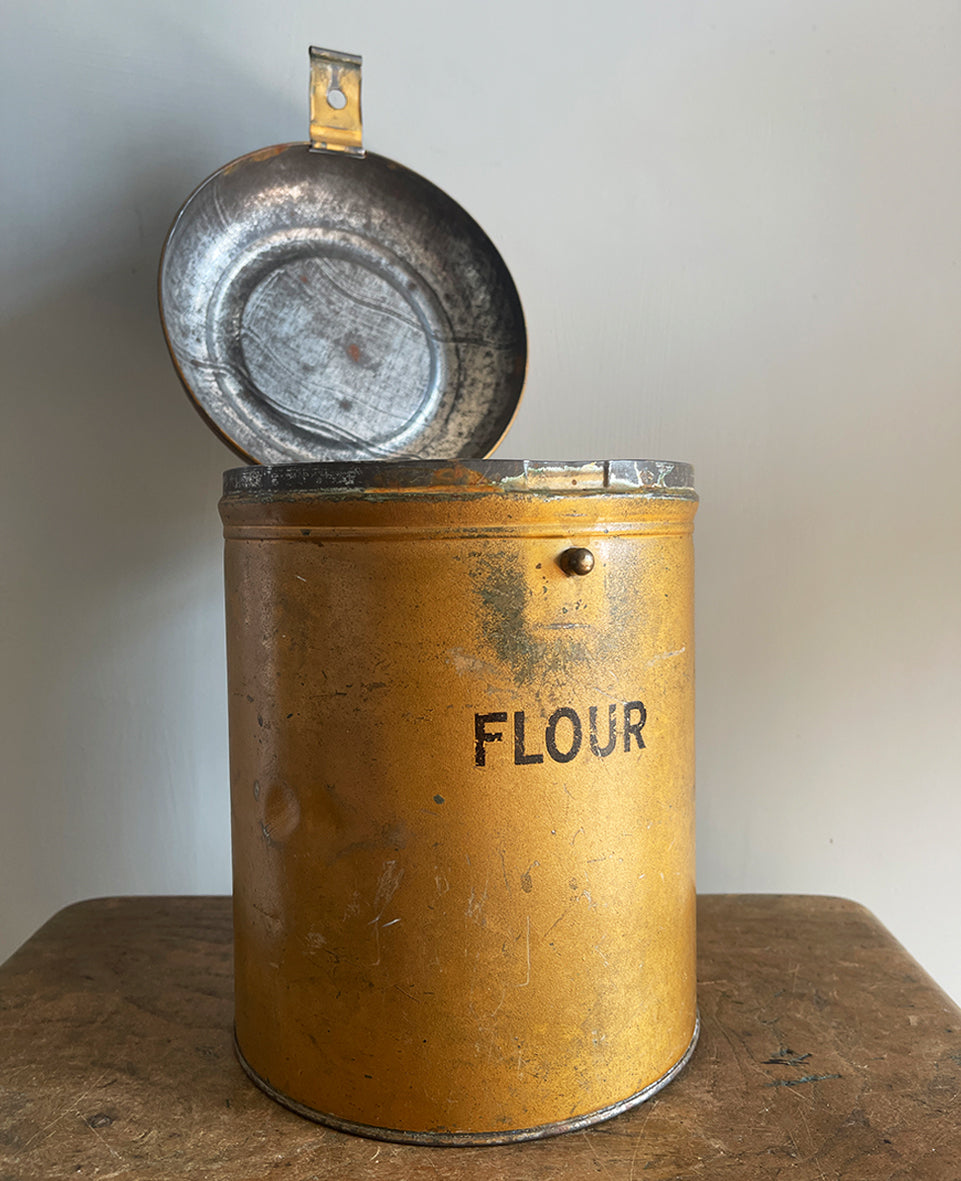 A Vintage Flour Tin in fantastic original gold paint. Hinged Lid to the top with fastening latch - SHOP NOW - www.intovintage.co.uk