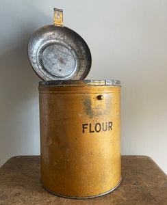 A Vintage Flour Tin in fantastic original gold paint. Hinged Lid to the top with fastening latch - SHOP NOW - www.intovintage.co.uk