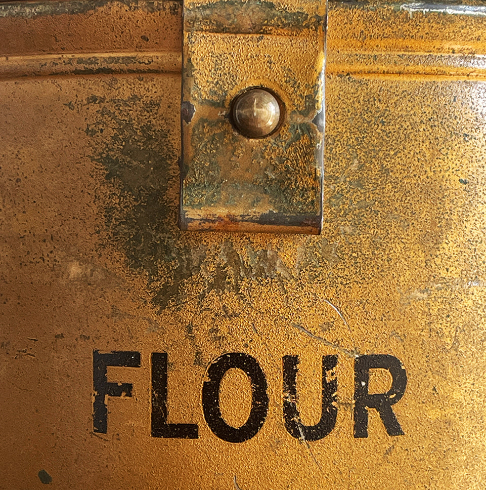 A Vintage Flour Tin in fantastic original gold paint. Hinged Lid to the top with fastening latch - SHOP NOW - www.intovintage.co.uk
