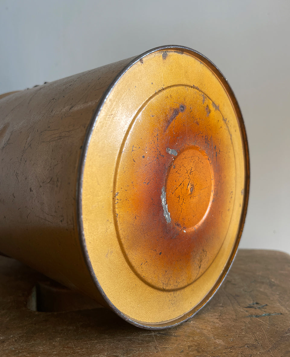 A Vintage Flour Tin in fantastic original gold paint. Hinged Lid to the top with fastening latch - SHOP NOW - www.intovintage.co.uk