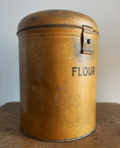 A Vintage Flour Tin in fantastic original gold paint. Hinged Lid to the top with fastening latch - SHOP NOW - www.intovintage.co.uk