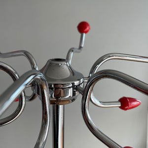 A cool looking Vintage HAGO 'Sputnik' Coat Rack from the 1960s. In a smart looking black, red and chrome colour combo. It has six main double red bobble hooks on the top section, three mini hooks on the stem, and a hoop ring for your umbrellas - SHOP NOW - www.intovintage.co.uk