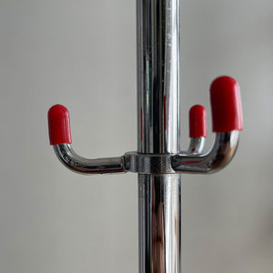 A cool looking Vintage HAGO 'Sputnik' Coat Rack from the 1960s. In a smart looking black, red and chrome colour combo. It has six main double red bobble hooks on the top section, three mini hooks on the stem, and a hoop ring for your umbrellas - SHOP NOW - www.intovintage.co.uk