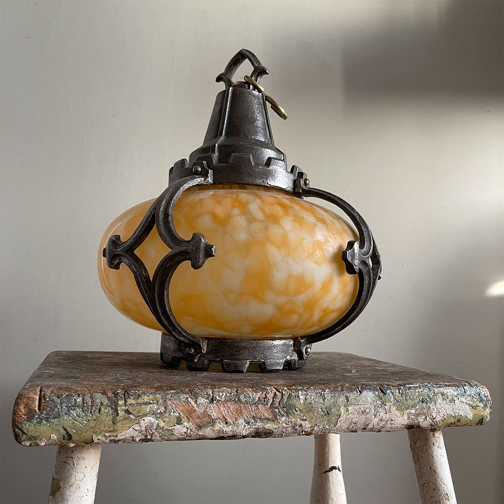 A fine looking Edwardian Porch or Hall Lamp shade. The yellow mottled hand blown glass shade is held in position by cast gothic style curved struts that are attached top & bottom to a castellated top and bottom gallery - SHOP NOW - www.intovintage.co.uk
