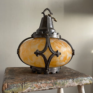 A fine looking Edwardian Porch or Hall Lamp shade. The yellow mottled hand blown glass shade is held in position by cast gothic style curved struts that are attached top & bottom to a castellated top and bottom gallery - SHOP NOW - www.intovintage.co.uk