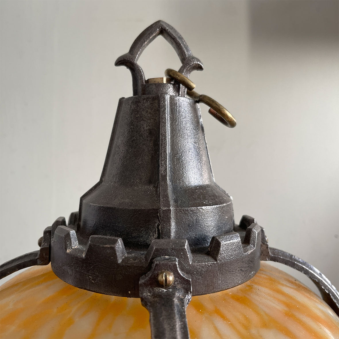 A fine looking Edwardian Porch or Hall Lamp shade. The yellow mottled hand blown glass shade is held in position by cast gothic style curved struts that are attached top & bottom to a castellated top and bottom gallery - SHOP NOW - www.intovintage.co.uk