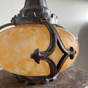 A fine looking Edwardian Porch or Hall Lamp shade. The yellow mottled hand blown glass shade is held in position by cast gothic style curved struts that are attached top & bottom to a castellated top and bottom gallery - SHOP NOW - www.intovintage.co.uk