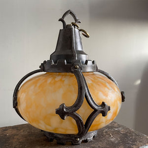 A fine looking Edwardian Porch or Hall Lamp shade. The yellow mottled hand blown glass shade is held in position by cast gothic style curved struts that are attached top & bottom to a castellated top and bottom gallery - SHOP NOW - www.intovintage.co.uk