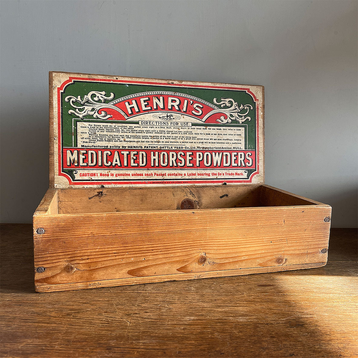 A rare late Victorian Henri's Medicated Horse Powders Shop Counter Display Case. This decorative case would have held individual cardboard powder packets for sale on the trade counter - SHOP NOW - www.intovintage.co.uk