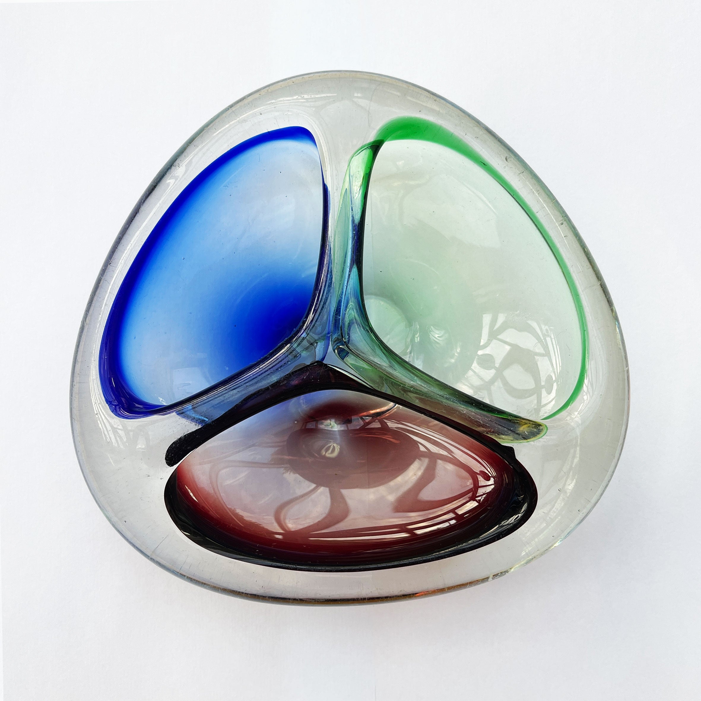 A vintage Bohemian Three Compartment Bowl designed by Josef Rozinek for the Borske Sklo Glassworks in Czechoslovakia in c1960. It has three pocket compartments in red, blue and green with a polished base - SHOP NOW - www.intovintage.co.uk