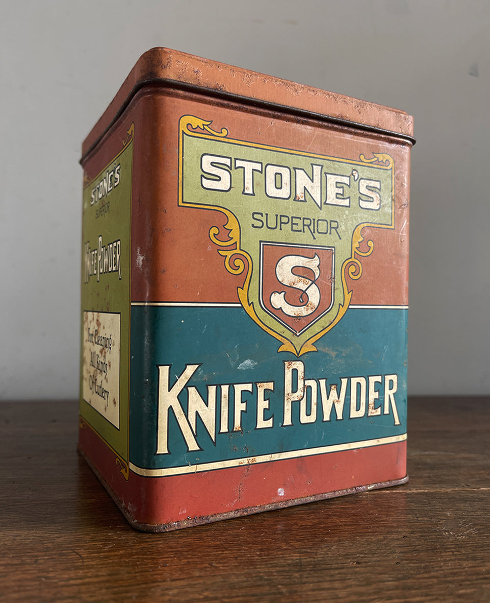 A Vintage Stone's Superior Knife Powder Tin. Great design and typography with an earthy colour pallet - SHOP NOW - www.intovintage.co.uk