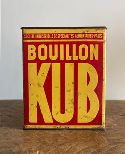 A Vintage French Bouillon Kub Tin in a cool red and yellow colourway with great strong typography. Kub was the French equivalent to our British OXO cubes - SHOP NOW - www.intovintage.co.uk