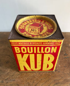 A Vintage French Bouillon Kub Tin in a cool red and yellow colourway with great strong typography. Kub was the French equivalent to our British OXO cubes - SHOP NOW - www.intovintage.co.uk