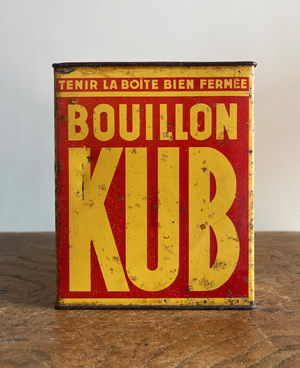 A Vintage French Bouillon Kub Tin in a cool red and yellow colourway with great strong typography. Kub was the French equivalent to our British OXO cubes - SHOP NOW - www.intovintage.co.uk