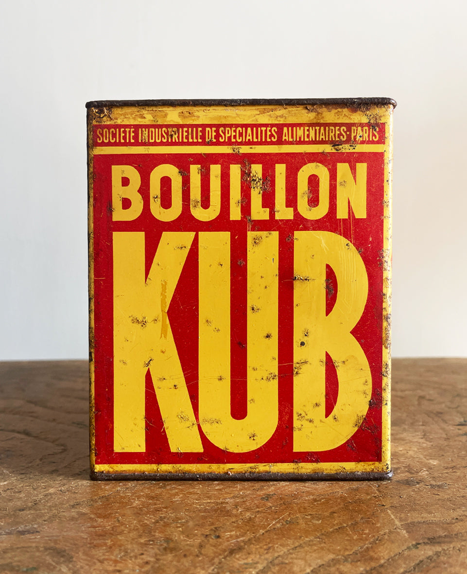 A Vintage French Bouillon Kub Tin in a cool red and yellow colourway with great strong typography. Kub was the French equivalent to our British OXO cubes - SHOP NOW - www.intovintage.co.uk