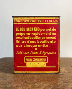 A Vintage French Bouillon Kub Tin in a cool red and yellow colourway with great strong typography. Kub was the French equivalent to our British OXO cubes - SHOP NOW - www.intovintage.co.uk
