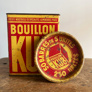 A Vintage French Bouillon Kub Tin in a cool red and yellow colourway with great strong typography. Kub was the French equivalent to our British OXO cubes - SHOP NOW - www.intovintage.co.uk
