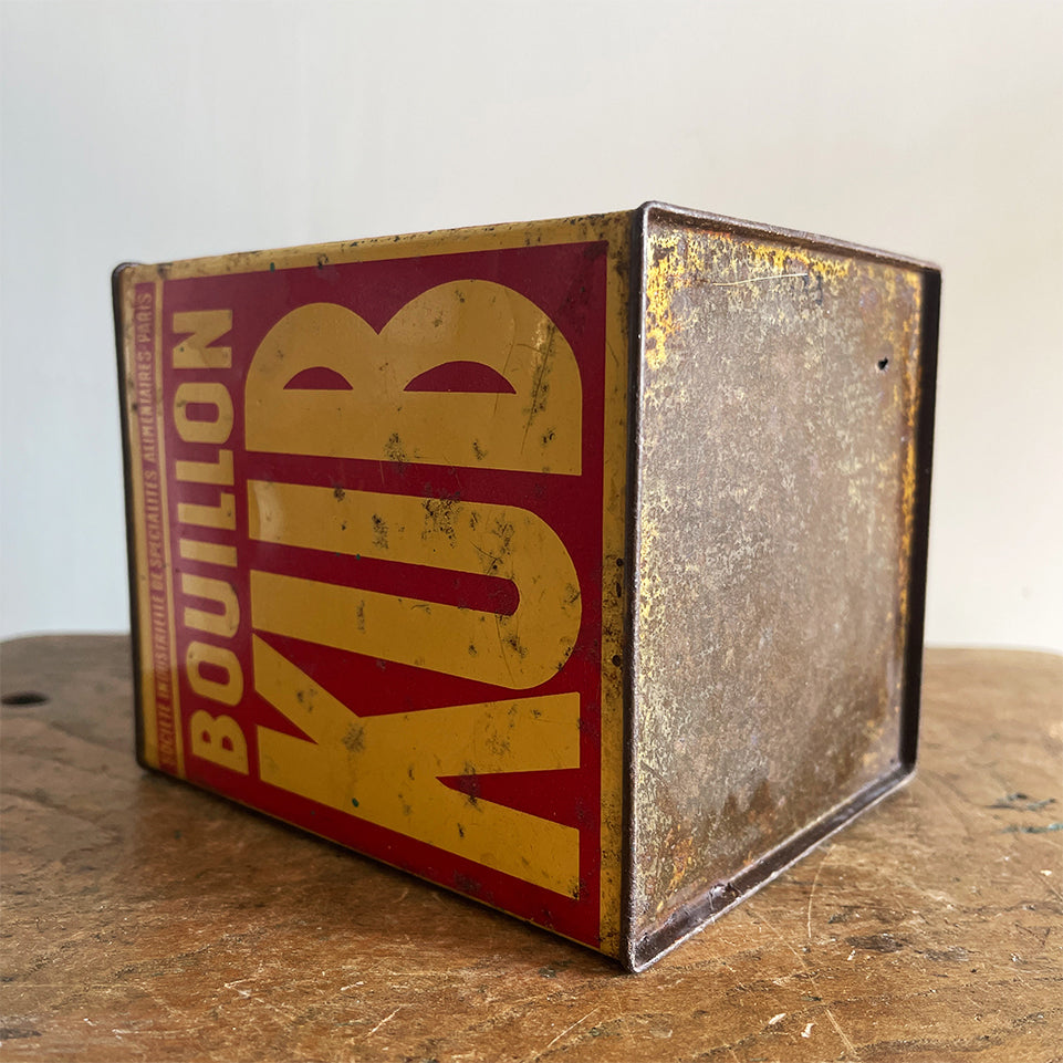 A Vintage French Bouillon Kub Tin in a cool red and yellow colourway with great strong typography. Kub was the French equivalent to our British OXO cubes - SHOP NOW - www.intovintage.co.uk