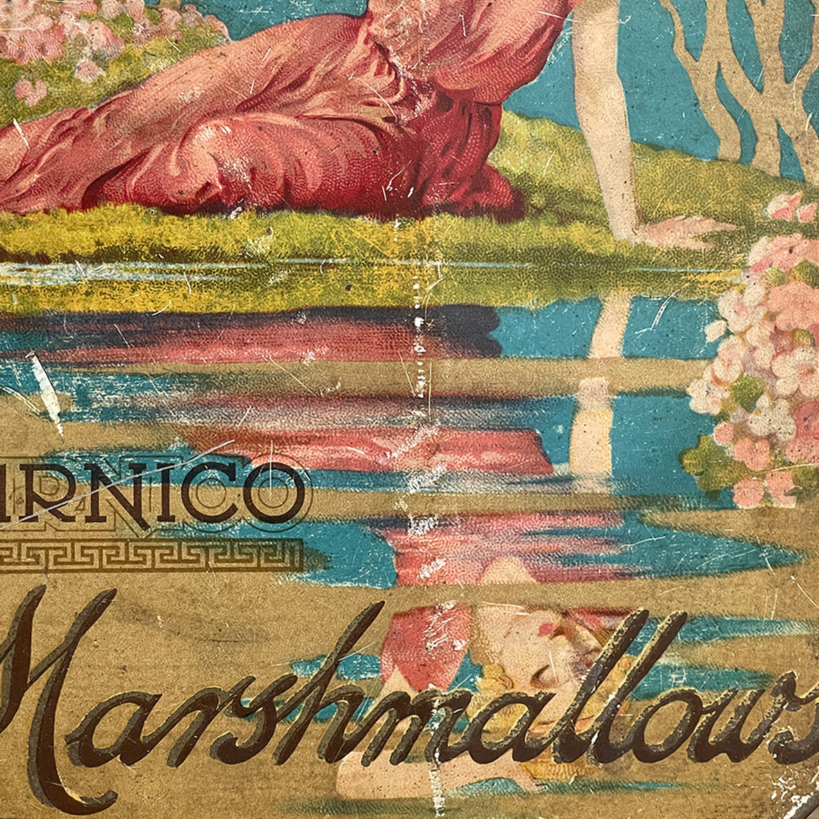 An Art Deco Clarnico Marshmallows Tin from the 1930s with the most wonderful colours and Little Boy Blue design to the front lid  - SHOP NOW - www.intovintage.co.uk