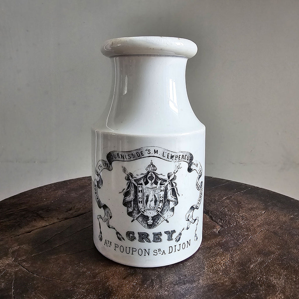 A lovely early 20th century white ironstone Dijon Grey-Poupon pot by CREIL and MONTEREAU.Stamped Creil and Montereau on the base - SHOP NOW - www.intovintage.co.uk