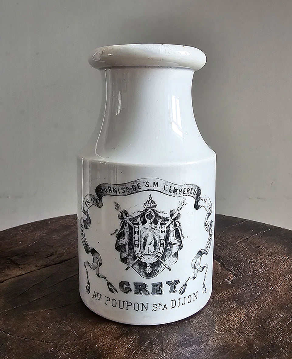 A lovely early 20th century white ironstone Dijon Grey-Poupon pot by CREIL and MONTEREAU.Stamped Creil and Montereau on the base - SHOP NOW - www.intovintage.co.uk
