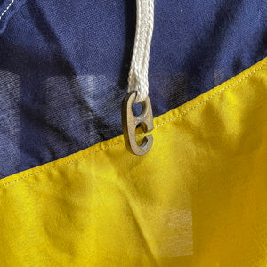 A Large Nautical Size 5 Flag. The blue and yellow stripes translate as 'G' in nautical code. The seem has two cast metal fasteners and cord, so can easily be hung. These flags look great framed and hung on the wall or, use it as a cool through or table cloth - SHOP NOW - www.intovintage.co.uk