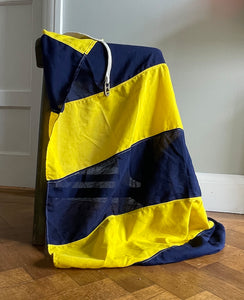 A Large Nautical Size 5 Flag. The blue and yellow stripes translate as 'G' in nautical code. The seem has two cast metal fasteners and cord, so can easily be hung. These flags look great framed and hung on the wall or, use it as a cool through or table cloth - SHOP NOW - www.intovintage.co.uk