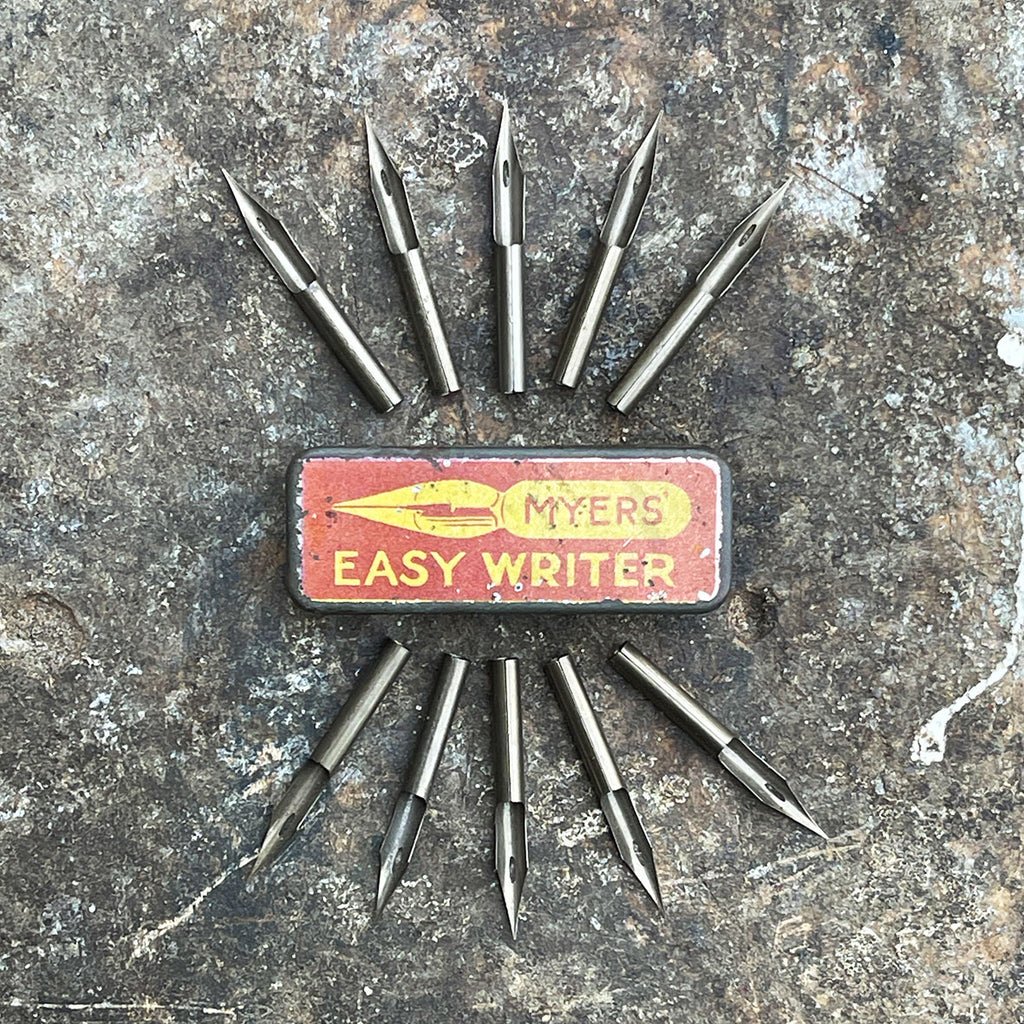 A small Edwardian Myers Pen Nib Tin with its ten unused nibs still inside - SHOP NOW - www.intovintage.co.uk