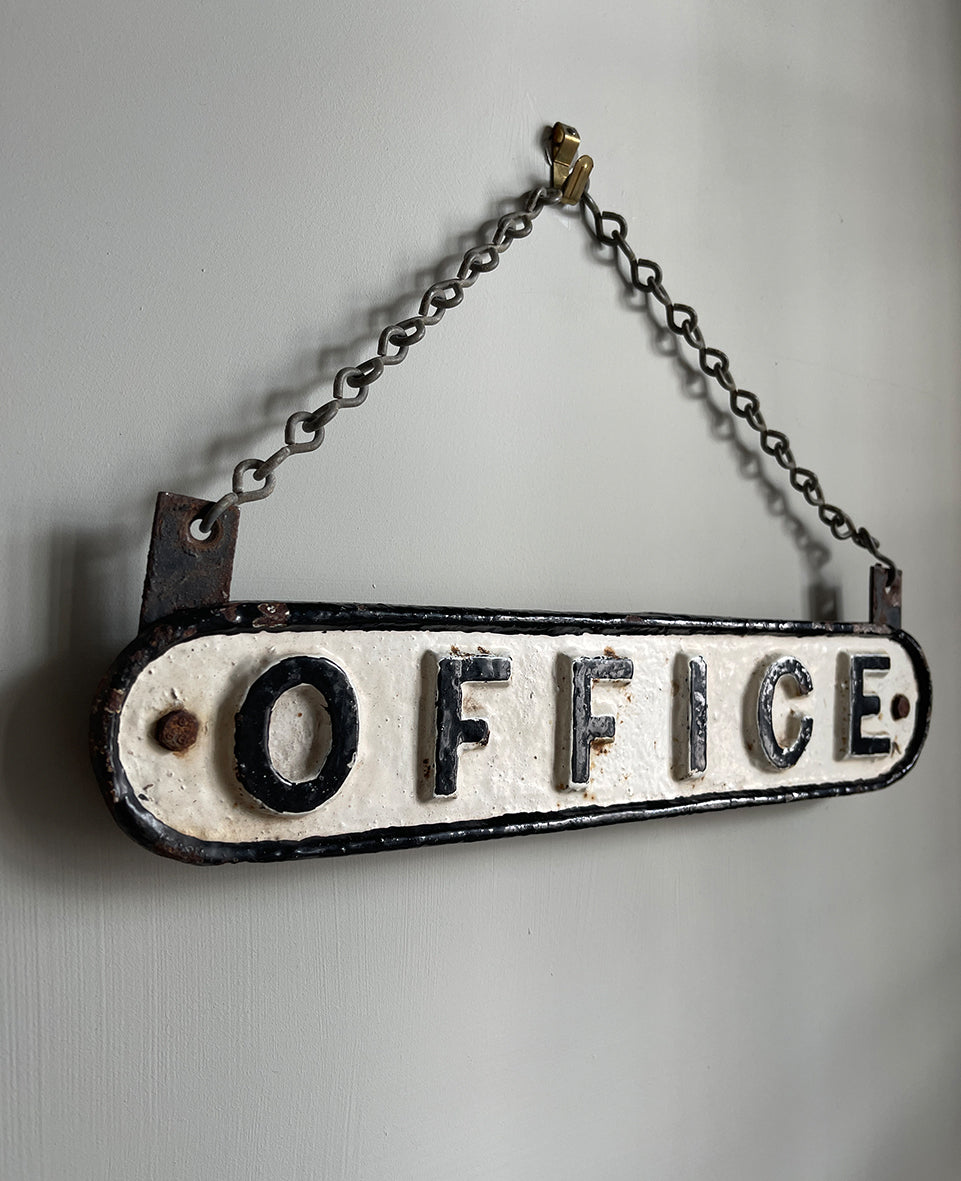 A cool cast iron office sign hung on a galvanized chain - SHOP NOW - www.intovintage.co.uk