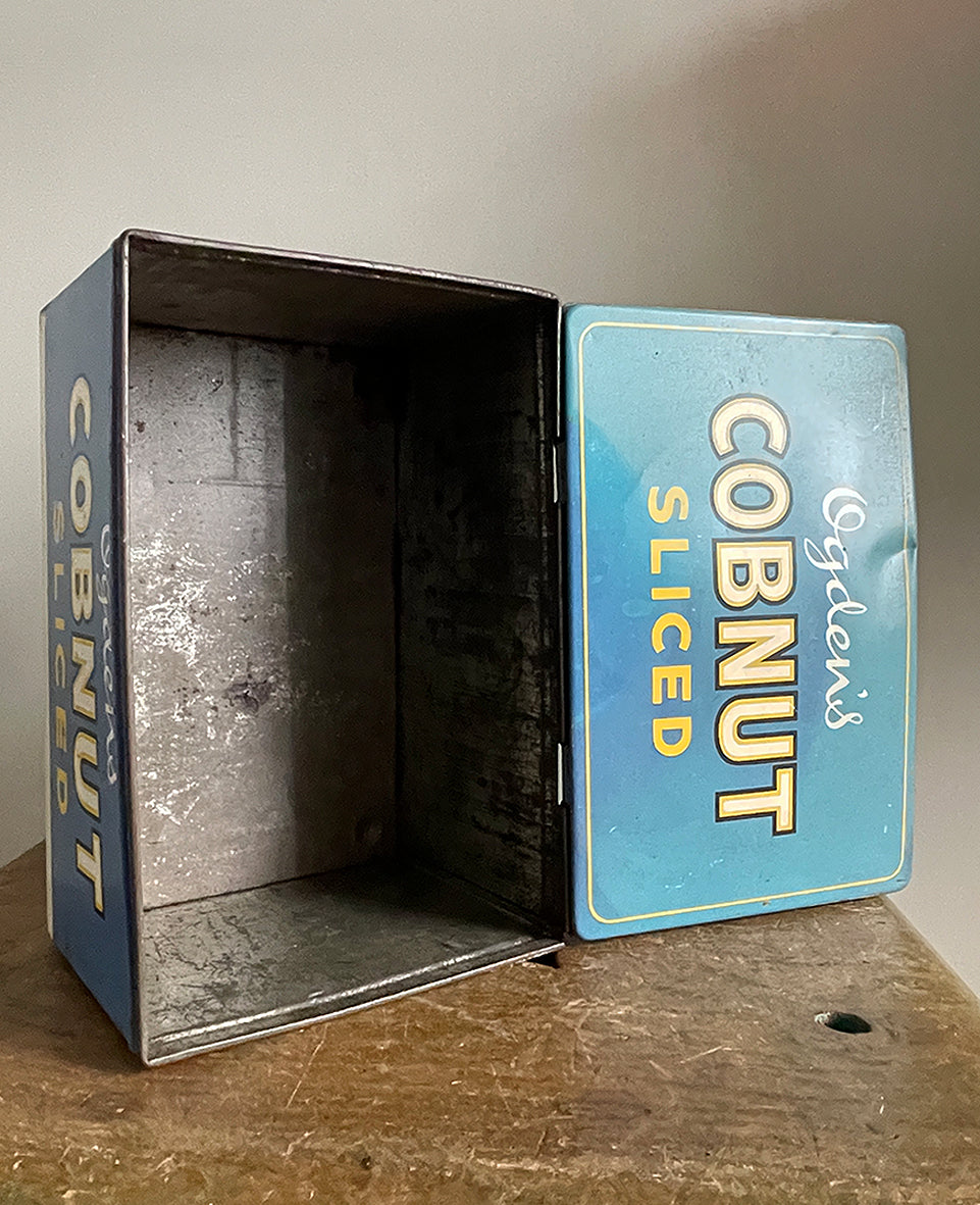 A Large Vintage Ogden's Cobnut Cigarette Tin in a smart blue with great typographic design to the outer sides and the inner lid - SHOP NOW - www.intovintage.co.uk