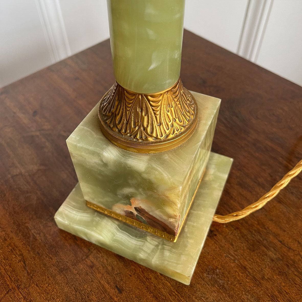 An impressive, large classical solid onyx and gilt metal table lamp. Beautiful figuring to the onyx.Wired for electricity with new bayonet lamp fitting, three core gold cloth covered cable new plug and pat tested.- SHOP NOW - www.intovintage.co.uk