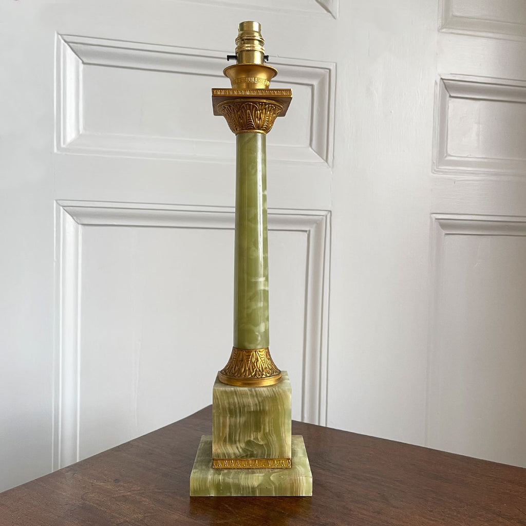 An impressive, large classical solid onyx and gilt metal table lamp. Beautiful figuring to the onyx.Wired for electricity with new bayonet lamp fitting, three core gold cloth covered cable new plug and pat tested.- SHOP NOW - www.intovintage.co.uk