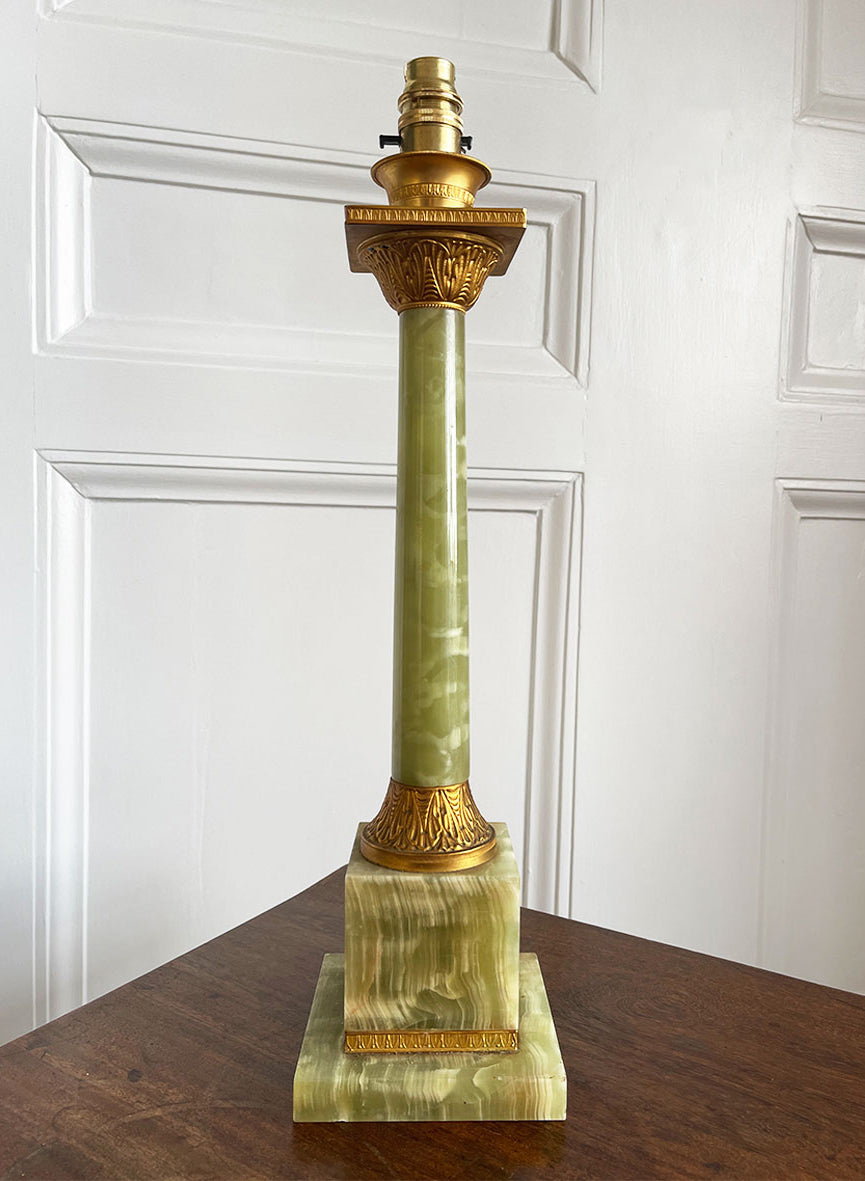 An impressive, large classical solid onyx and gilt metal table lamp. Beautiful figuring to the onyx.Wired for electricity with new bayonet lamp fitting, three core gold cloth covered cable new plug and pat tested.- SHOP NOW - www.intovintage.co.uk
