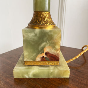 An impressive, large classical solid onyx and gilt metal table lamp. Beautiful figuring to the onyx.Wired for electricity with new bayonet lamp fitting, three core gold cloth covered cable new plug and pat tested.- SHOP NOW - www.intovintage.co.uk