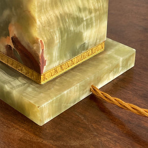 An impressive, large classical solid onyx and gilt metal table lamp. Beautiful figuring to the onyx.Wired for electricity with new bayonet lamp fitting, three core gold cloth covered cable new plug and pat tested.- SHOP NOW - www.intovintage.co.uk