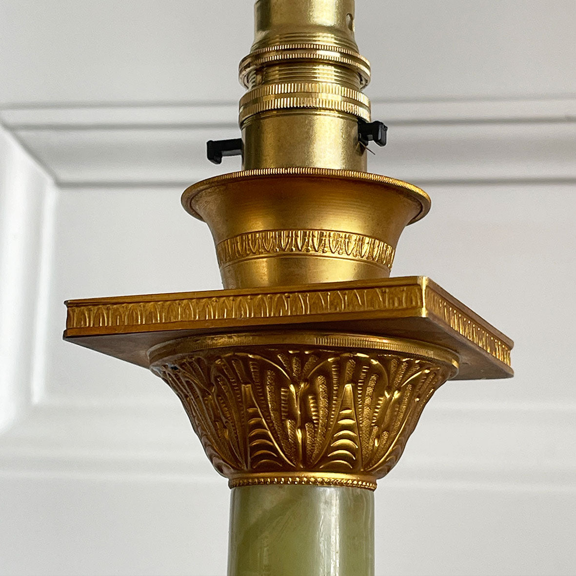 An impressive, large classical solid onyx and gilt metal table lamp. Beautiful figuring to the onyx.Wired for electricity with new bayonet lamp fitting, three core gold cloth covered cable new plug and pat tested.- SHOP NOW - www.intovintage.co.uk