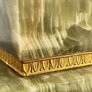 An impressive, large classical solid onyx and gilt metal table lamp. Beautiful figuring to the onyx.Wired for electricity with new bayonet lamp fitting, three core gold cloth covered cable new plug and pat tested.- SHOP NOW - www.intovintage.co.uk