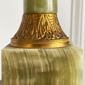 An impressive, large classical solid onyx and gilt metal table lamp. Beautiful figuring to the onyx.Wired for electricity with new bayonet lamp fitting, three core gold cloth covered cable new plug and pat tested.- SHOP NOW - www.intovintage.co.uk