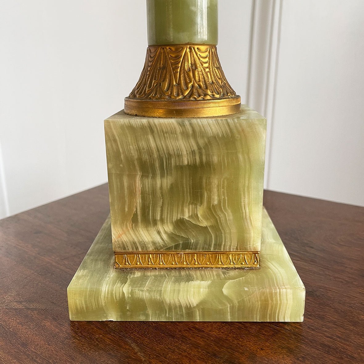 An impressive, large classical solid onyx and gilt metal table lamp. Beautiful figuring to the onyx.Wired for electricity with new bayonet lamp fitting, three core gold cloth covered cable new plug and pat tested.- SHOP NOW - www.intovintage.co.uk