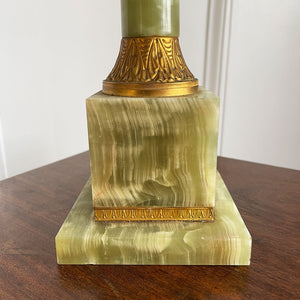 An impressive, large classical solid onyx and gilt metal table lamp. Beautiful figuring to the onyx.Wired for electricity with new bayonet lamp fitting, three core gold cloth covered cable new plug and pat tested.- SHOP NOW - www.intovintage.co.uk