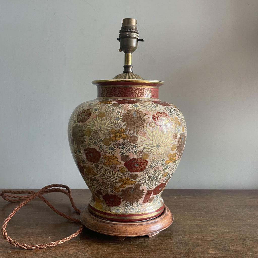 A golden toned Oriental Table Lamp. A ceramic jar with brass and wooden fittings. - SHOP NOW - www.intovintage.co.uk
