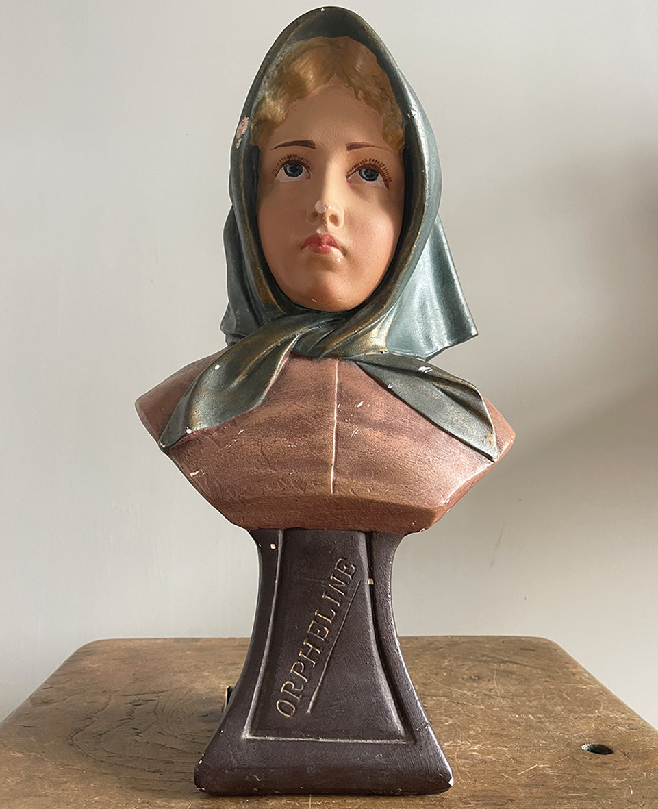 A charming Vintage French 'Orphan' Bust. Made from plaster and hand painted. Titled 'ORPHELINE' meaning 'Orphan' in English - SHOP NOW - www.intovintage.co.uk