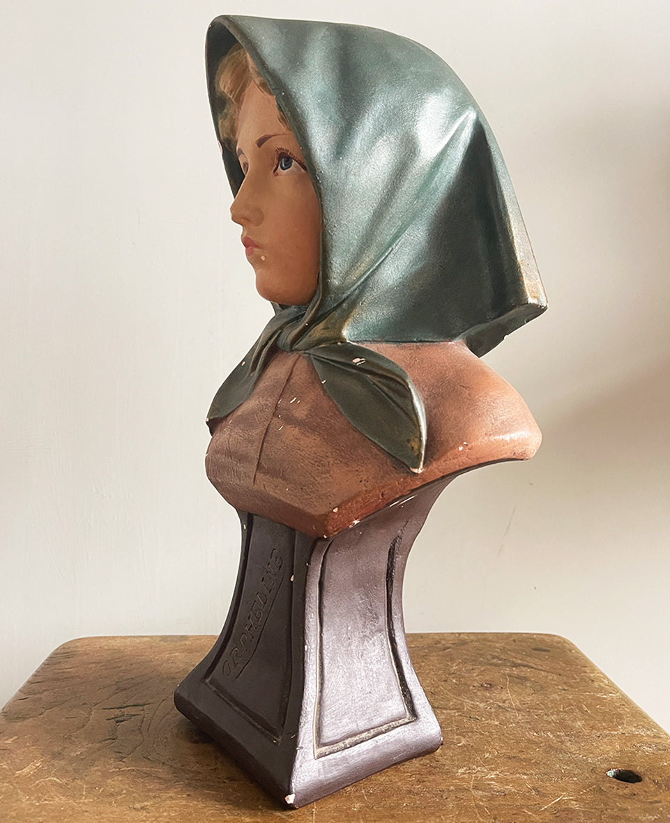 A charming Vintage French 'Orphan' Bust. Made from plaster and hand painted. Titled 'ORPHELINE' meaning 'Orphan' in English - SHOP NOW - www.intovintage.co.uk