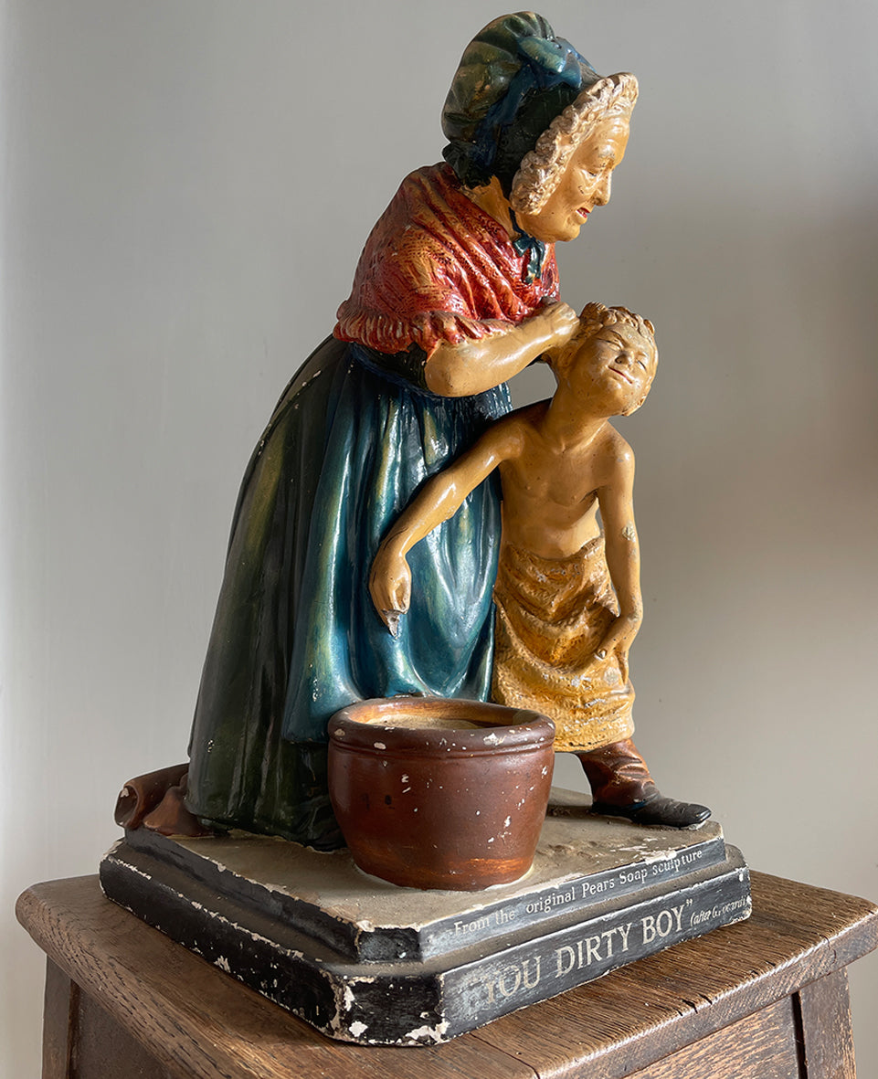 An extremely rare late Victorian Statuette for the Pears Soap Company. The statuette is a copy of a marble sculpture by the Italian artist Giovanni Focardi that was displayed at the 1878 Paris Exhibition. The scene depicts a woman scrubbing a young boy behind the ears who really doesn't look as if he is enjoying it very much! An extremely rare late Victorian Statuette for the Pears Soap Company, titled "You Dirty Boy" - SHOP NOW - www.intovintage.co.uk
