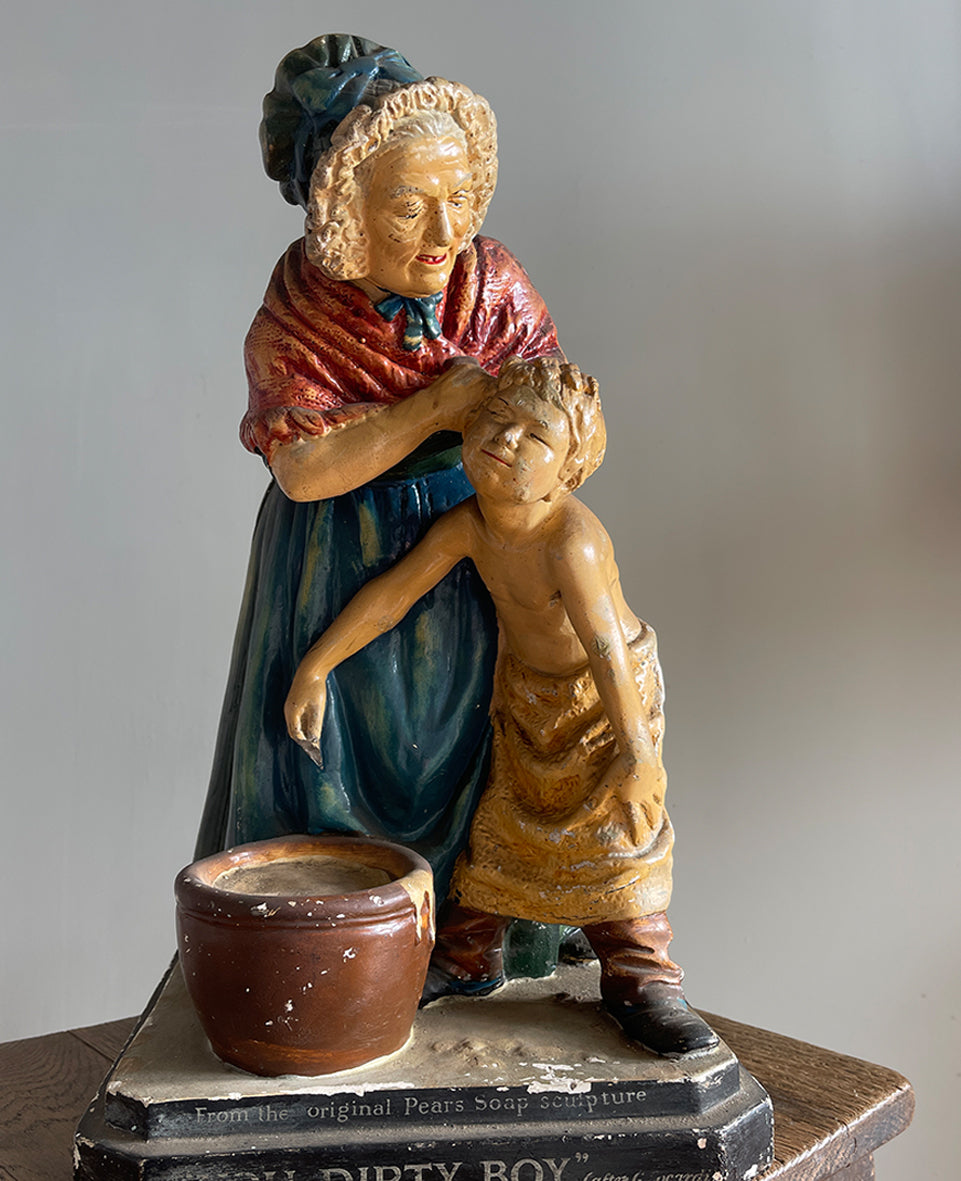 An extremely rare late Victorian Statuette for the Pears Soap Company. The statuette is a copy of a marble sculpture by the Italian artist Giovanni Focardi that was displayed at the 1878 Paris Exhibition. The scene depicts a woman scrubbing a young boy behind the ears who really doesn't look as if he is enjoying it very much! An extremely rare late Victorian Statuette for the Pears Soap Company, titled "You Dirty Boy" - SHOP NOW - www.intovintage.co.uk