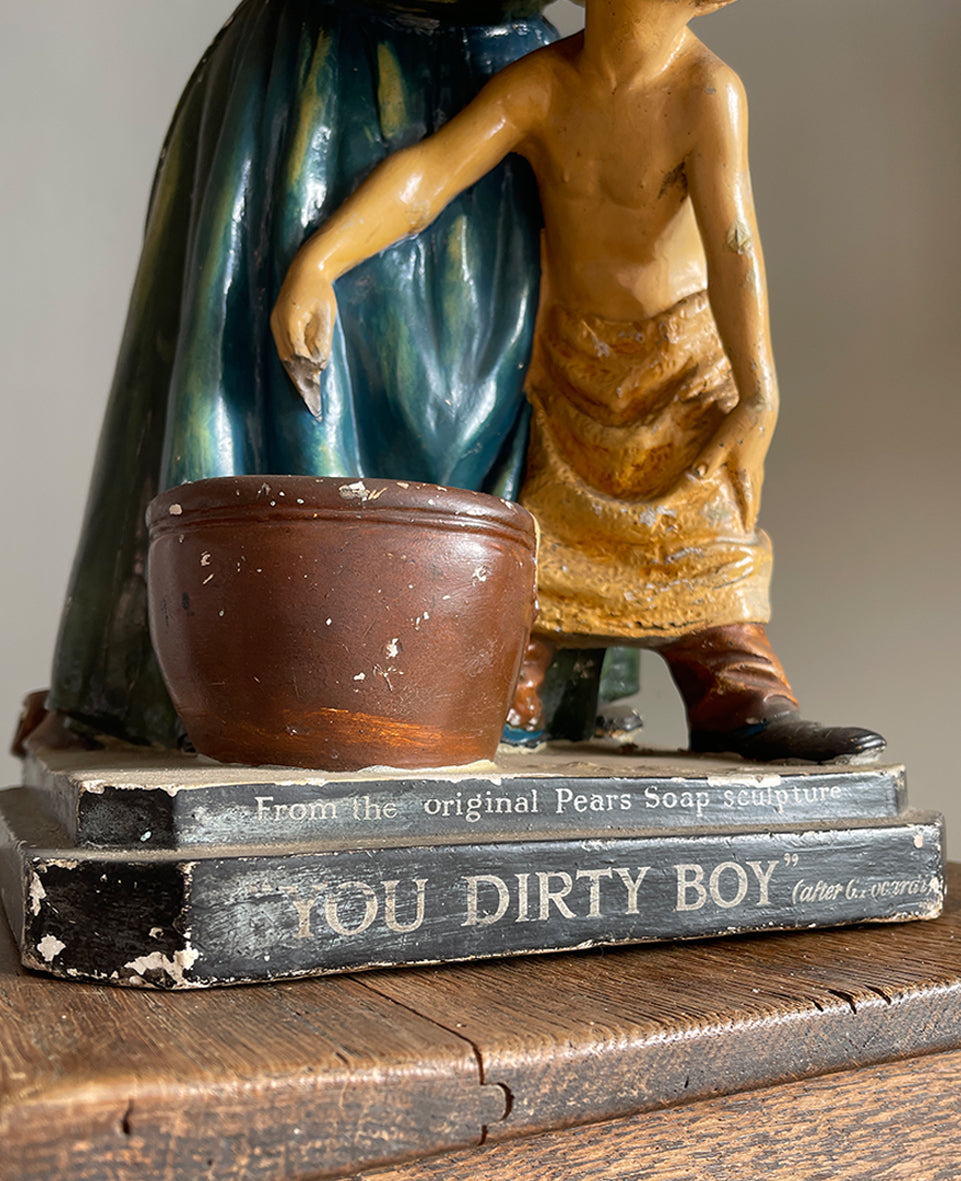 An extremely rare late Victorian Statuette for the Pears Soap Company. The statuette is a copy of a marble sculpture by the Italian artist Giovanni Focardi that was displayed at the 1878 Paris Exhibition. The scene depicts a woman scrubbing a young boy behind the ears who really doesn't look as if he is enjoying it very much! An extremely rare late Victorian Statuette for the Pears Soap Company, titled "You Dirty Boy" - SHOP NOW - www.intovintage.co.uk